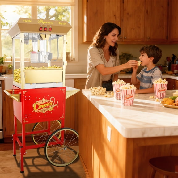62cups Commercial Popcorn Machine With Cart and 16 Oz Kettle , Movie Theater Popcorn Machine, Red Golden Pop Corn Machine with 3-Switch Control & Steel Frame Tempered Glass Doors