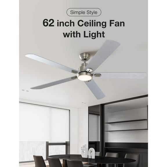 Warmiplanet 62" Satin Nickel Integrated LED Ceiling Fan with Light Kit and Remote Control
