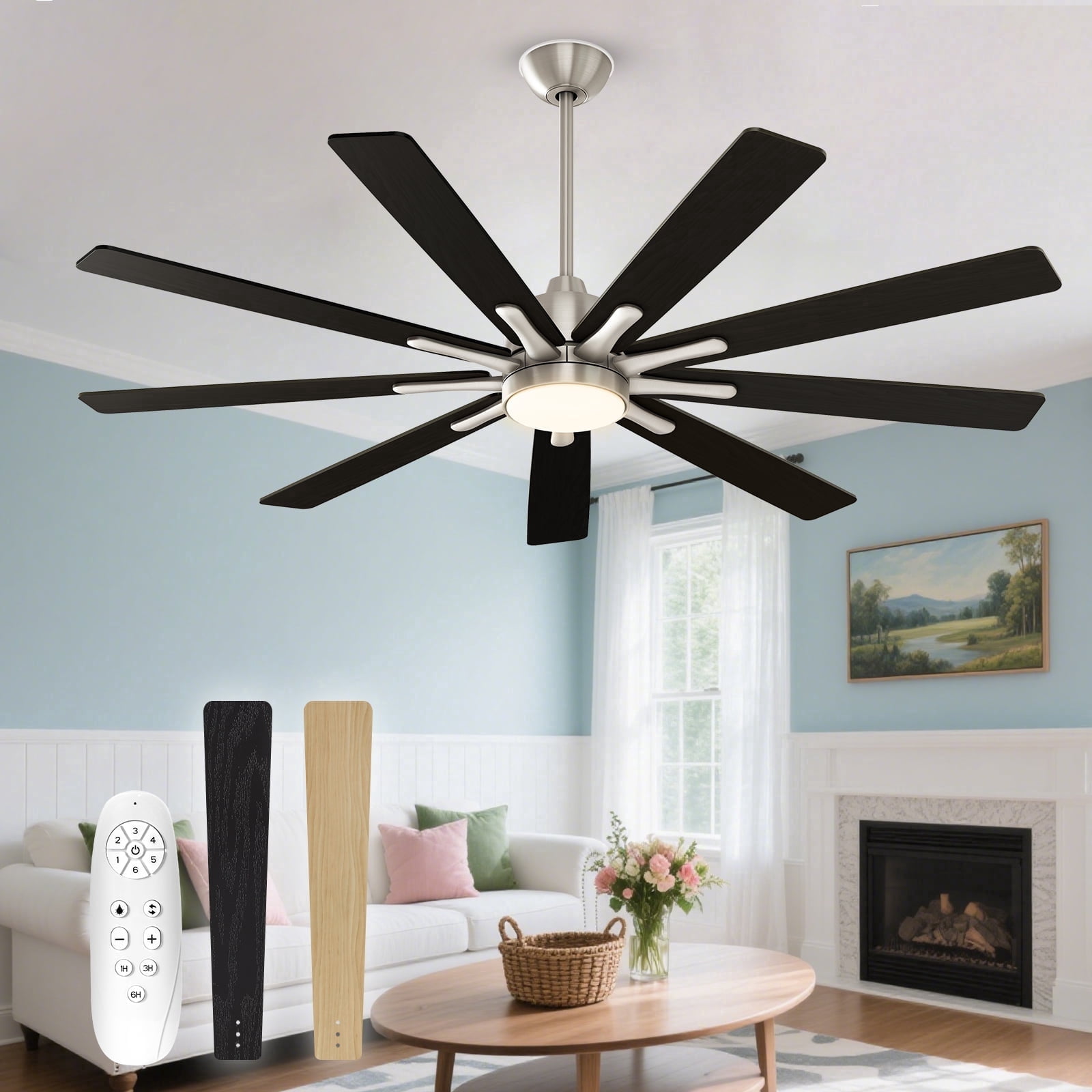 Warmiplanet 62" 9-Blade Satin Nickel Modern Ceiling Fan with LED Light Kit, Powerful DC Motor, High Airflow, 6-Speed, Reversible & Timer