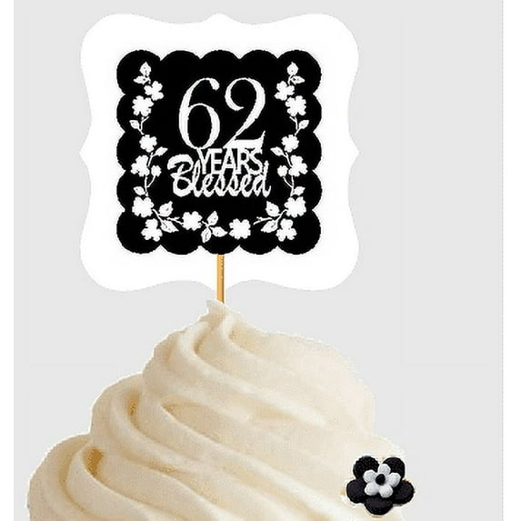 62nd Birthday / Anniversary Blessed Cupcake Decoration Toppers Picks -12ct