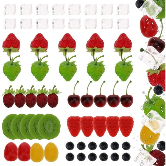 62pcs Artificial Green & Red Strawberries Fake Tomatoes Cherry Blueberries Plastic Strawberry Kiwi Slices Lifelike Ice Cubes Table Decoration for Home Kitchen Party Wedding
