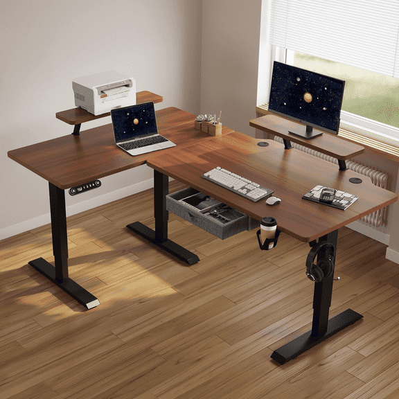 62x47 Inches L Shaped Electric Standing Desk with Drawer, Adjustable Height Sit Stand Up Desk with Storage Shelf,