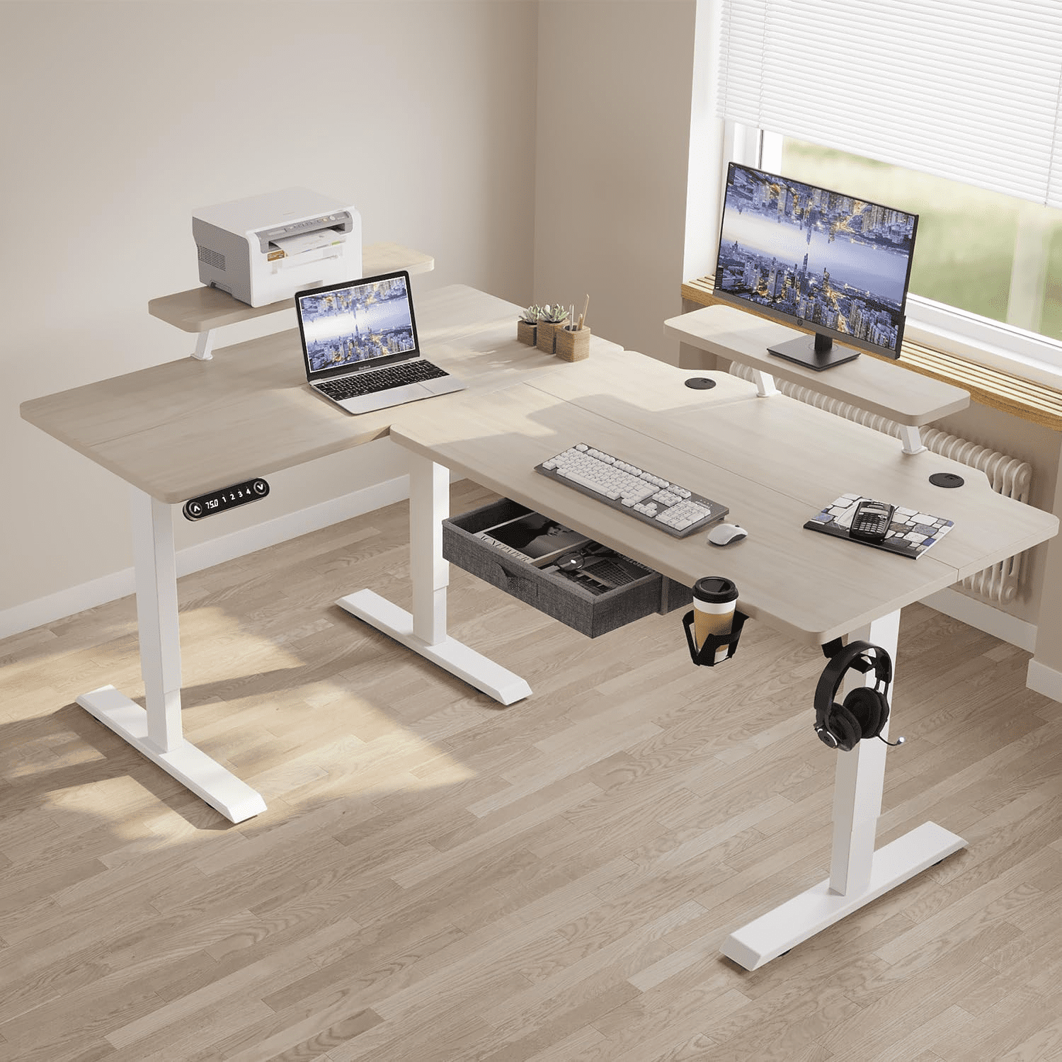 62x47 Inches L Shaped Electric Standing Desk with Drawer
