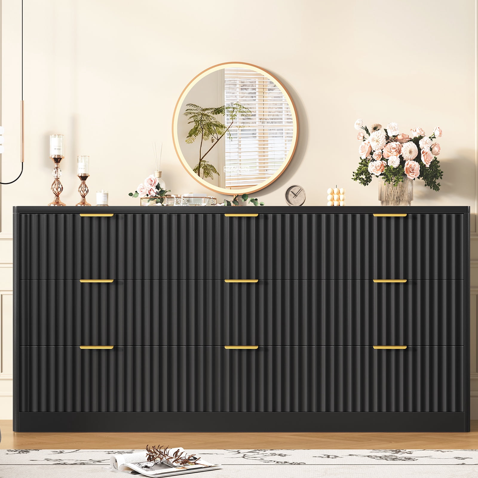 TEENFON Fluted Dresser with 9 Drawers, 63" Wide Modern Chest of Drawers with Metal Handle, Wood Closet Clothes Storage Organizer for Living Room, Hallway, Black