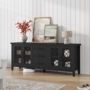 63.1 Farmhouse TV Stand for 70 Inch TV, Modern Rustic Entertainment Center with Glass Doors and 3 Drawers, Mid-Century Media Console-Black