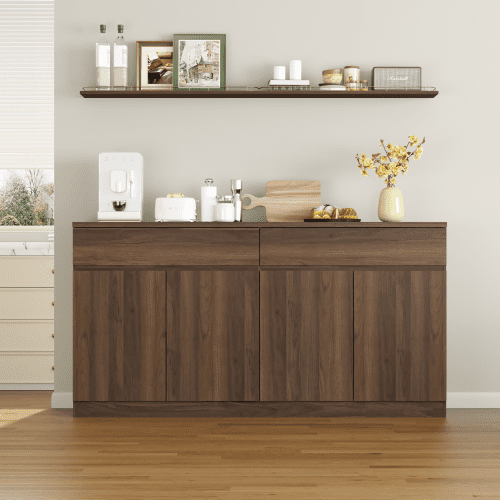 63.1" Sideboard Buffet Cabinet with Storage, 2 Drawers & 4 Doors, Large Kitchen Dining Room Credenza, Coffee Bar Table, Walnut