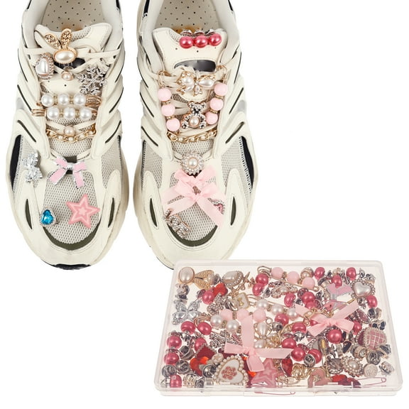 63/100Pcs Shoe Charms Set Decorative Sneaker Charms with Safety Pins Brooches Bows Chains Shoelaces DIY Accessories for Women Sneaker Clothes
