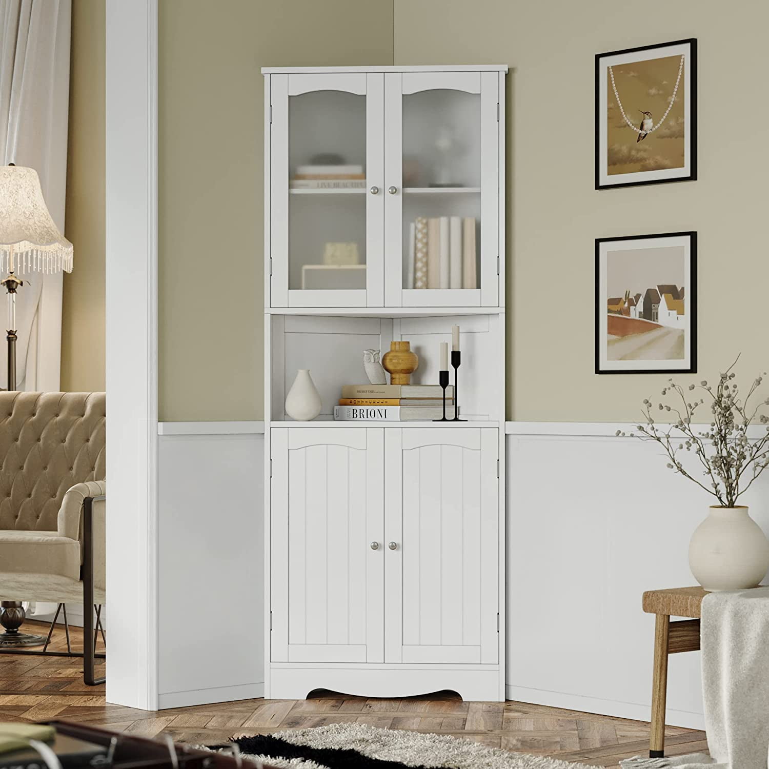 63.2" Tall Bathroom Corner Cabinet, Modern Storage Cabinet with Glass Doors, Buffet Hutch Cabinet, Freestanding Pantry Cabinet for Living Room, Bathroom, Kitchen, Dining Room, White