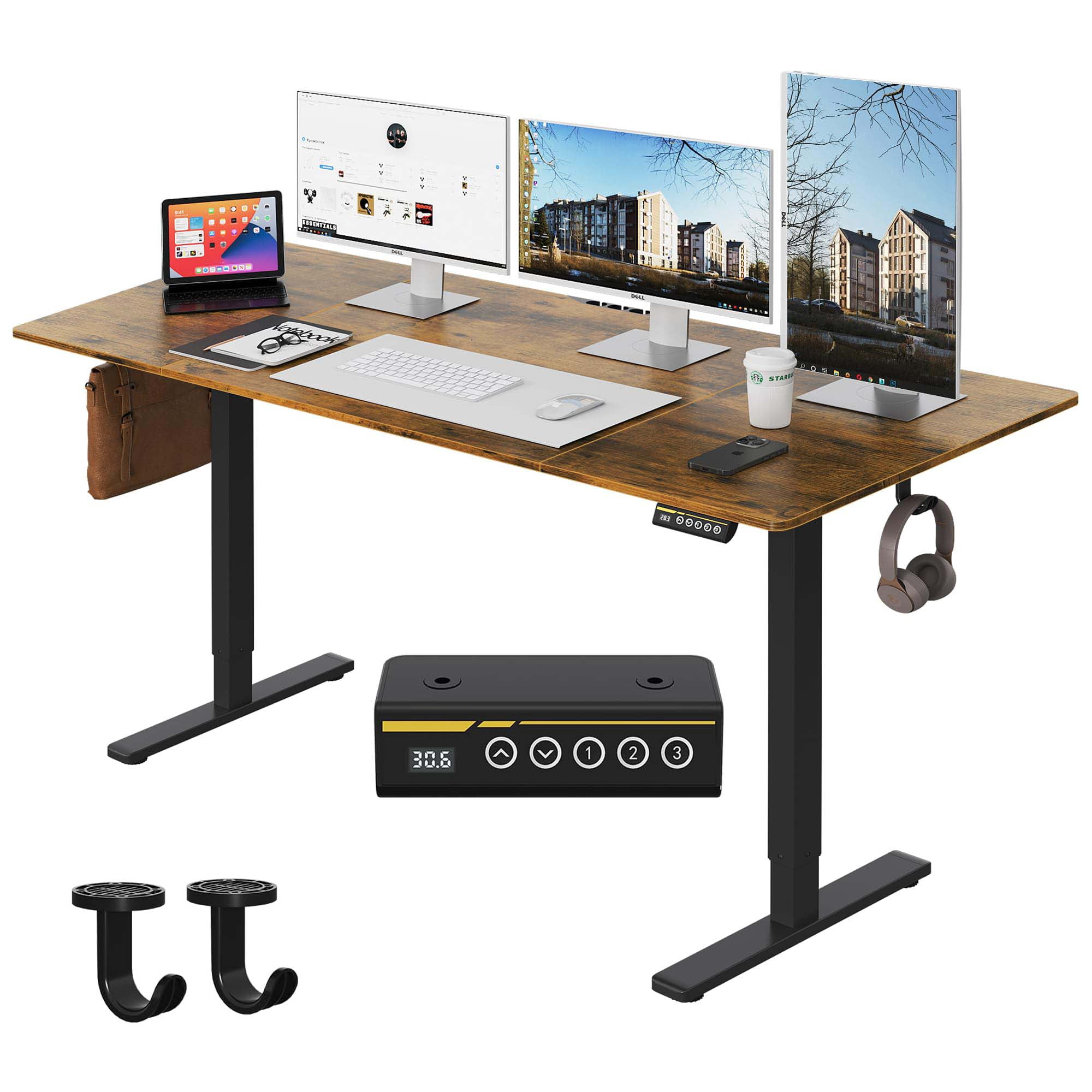 63"×28" Brown Electric Height Adjustable Desk, Ergonomic Sit Stand Computer Workstation With 3 Custom Height Memory Presets and Child Lock for Home & Office