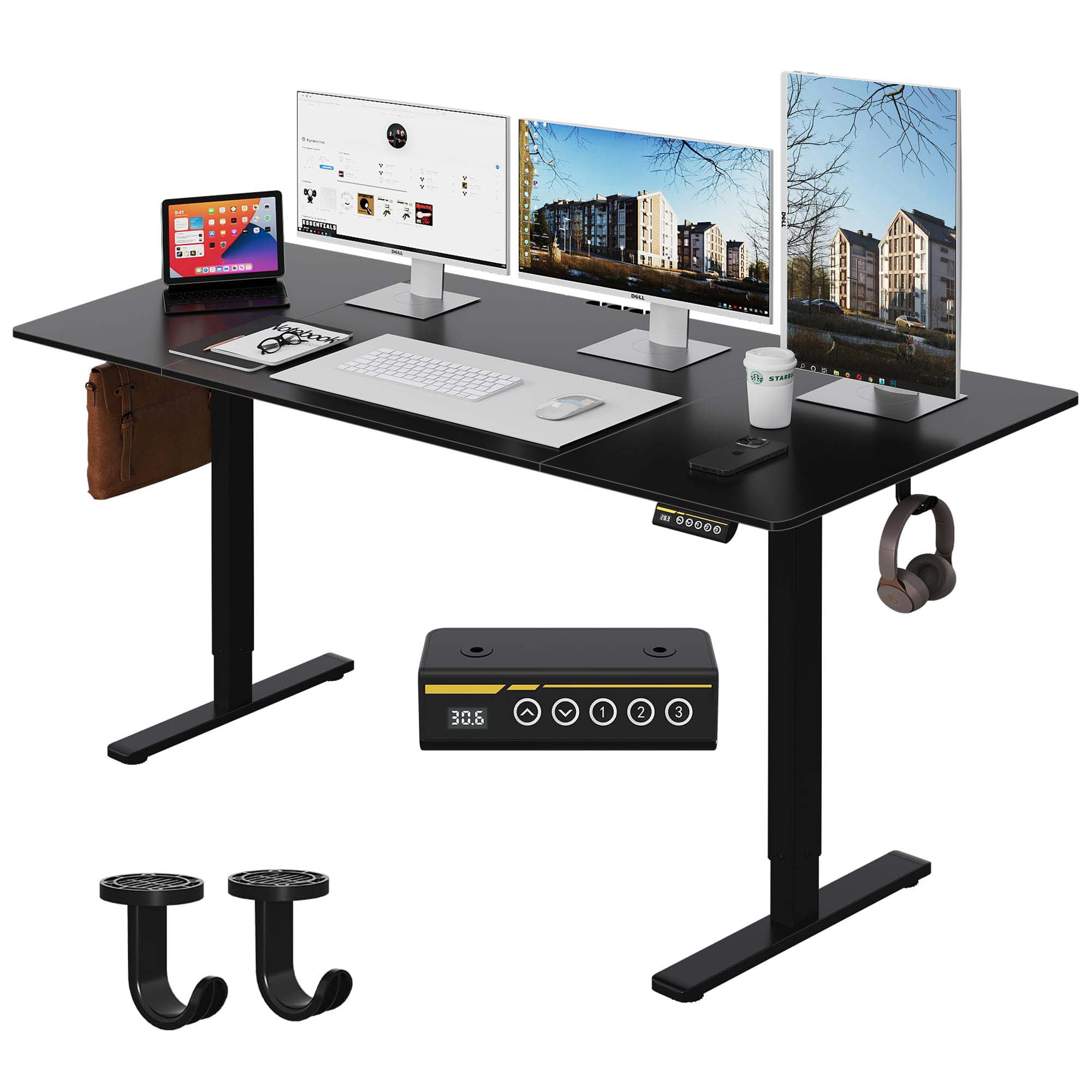 63×28 Inch Black Electric Height Adjustable Desk, Ergonomic Sit Stand Desk with 3 Memory Presets, Child Lock, Carbon Steel Frame & Cable Holes for Home Office Workstation