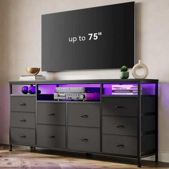 63.3 Inch Dresser for Bedroom, 10 Drawer Dresser TV Stand for 65 70 75 Inch TV, Fabric Chest of Drawers with LED Lights & Power Outlets, Long Entertainment Center for Closet, Living Room, Entryway