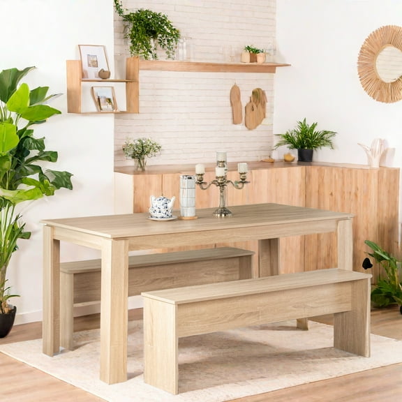 63" 3-Piece Bench Style Dining Furniture Set, 4-Person Space-Saving Dinette for Kitchen, Dining Room with 2 Benches