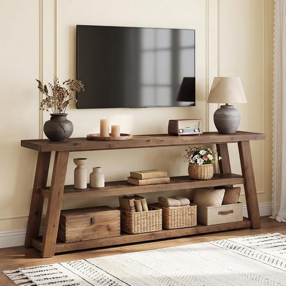 63" 3-Tier Solid Wood TV Stand for Living Room, Rustic Entertainment Center with Open Storage, Media Console for TVs Up to 70 Inches