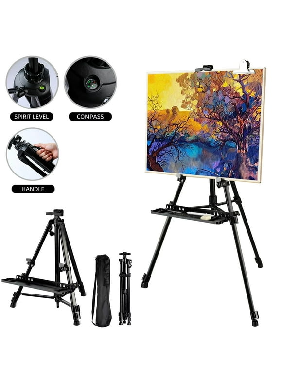 63"-30"Artist Easel Stand, Extra Thick Magnesium Iron Alloy Tripod Display Easel with Portable Bag for Floor/Table-Top Drawing and Displaying,Painting Easel for kids Adult, Level/Compass/Tray