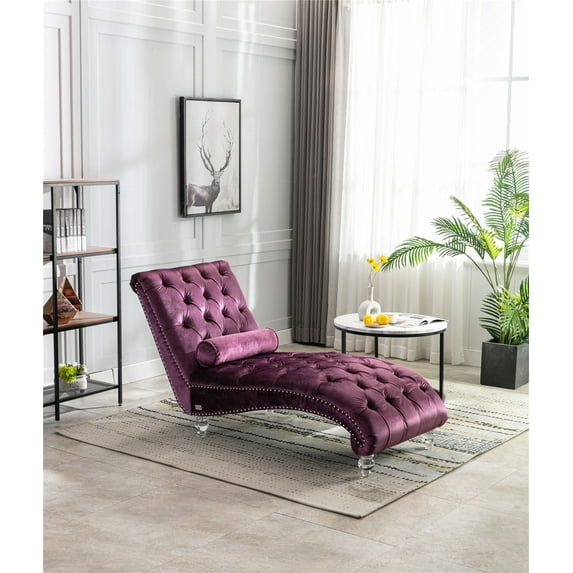 63.38'' Velvet Accent Sofa, Modern Long Lounger Leisure Concubine Sofa with Acrylic Feet & Lumbar Pillow, Chaise Reclining Lounger Barrel Sofa for Office or Living Room, Purple