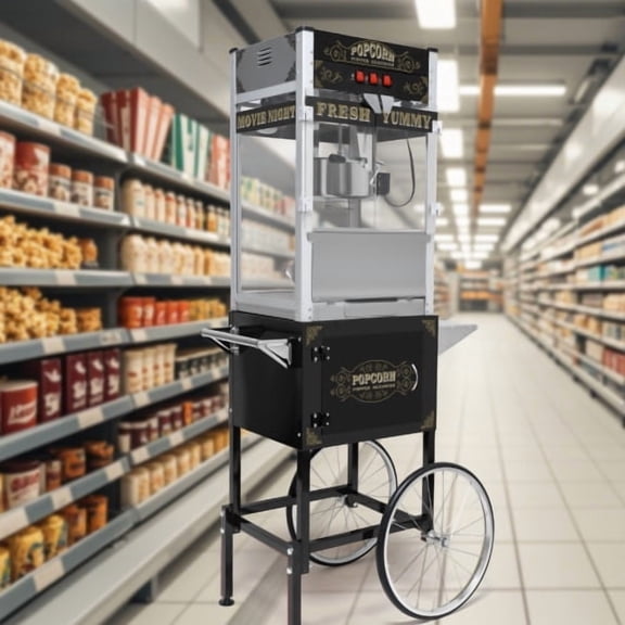 63.3930.5120.27 Inch Antique Style Wheeled Popcorn Machine Cart, 3-Switch Control & Tempered Glass, Stainless Steel Popcorn Popper with Storage Cabinet for Home Theater Party Business Events Black