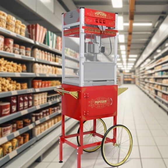 63.3930.5120.27 Inch Antique Style Wheeled Popcorn Machine Cart, 3-Switch Control & Tempered Glass, Stainless Steel Popcorn Popper with Storage Cabinet for Home Theater Party Business Events Red