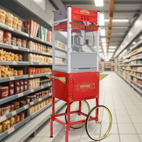 63.39×30.51×20.27 Inch Antique Style Wheeled Popcorn Machine Cart, 3-Switch Control & Tempered Glass, Stainless Steel Popcorn Popper with Storage Cabinet for Home Theater Party Business Events Red