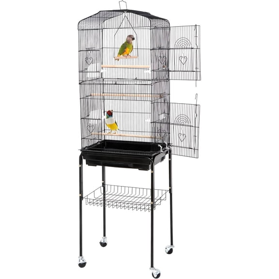 63.4 Inch Bird Cage, Rolling Wrought Iron Parrot Cage with Side-Out Tray, Storage Shelf, Pet Bird House for Parrot Cockatiel Cockatoo Parakeet Macaw Finches