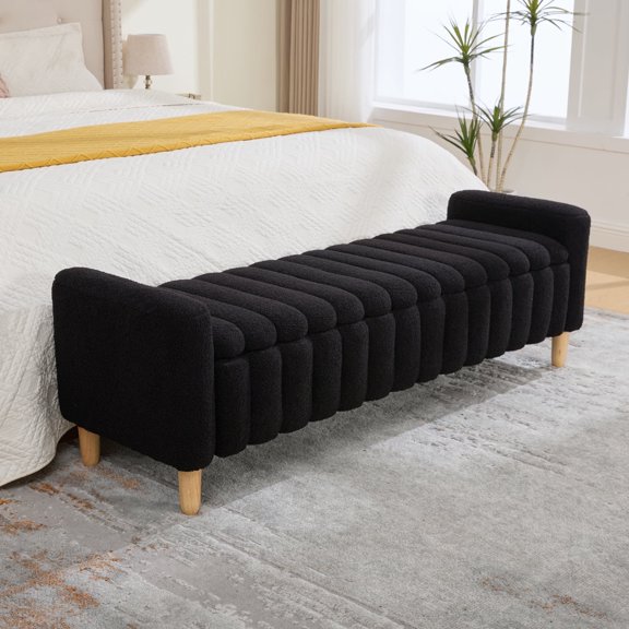 63.4 Inch Modern Upholstered End of Bed Bench, Wave Channel Tufted Flip Top Storage Stool with Armrests and Solid Wood Legs,Black, Accent Window Bench for Bedroom Entryway Dining Living Room