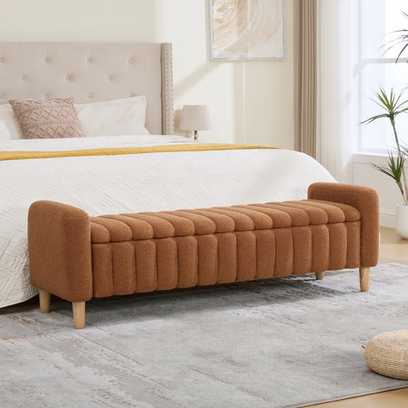 63.4 Inch Modern Upholstered End of Bed Bench, Wave Channel Tufted Flip Top Storage Stool with Armrests and Solid Wood Legs,Caramel, Accent Window Bench for Bedroom Entryway Dining Living Room