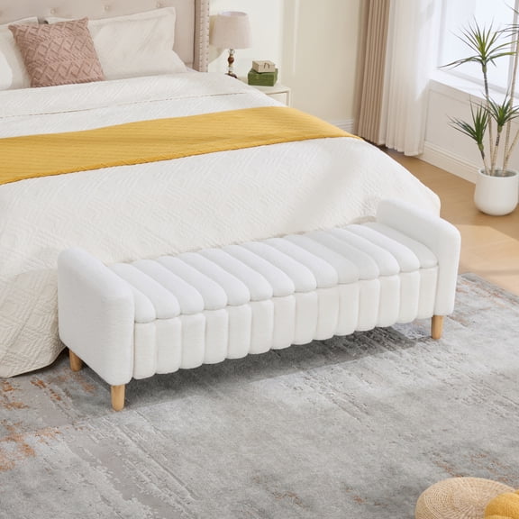 63.4 Inch Modern Upholstered End of Bed Bench, Wave Channel Tufted Flip Top Storage Stool with Armrests and Solid Wood Legs,Ivory , Accent Window Bench for Bedroom Entryway Dining Living Room