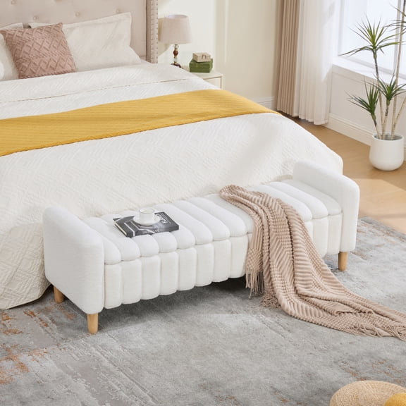 63.4"W Modern Upholstered End of Bed Bench, Wave Channel Tufted Flip-Top Storage Accent Window Footrest Stool with Armrests & Solid Wood Legs For Bedroom Entryway, Dining Room, Living Room