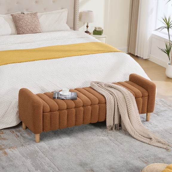 63.4"W Modern Upholstered End of Bed Bench, Wave Channel Tufted Flip-Top Storage Accent Window Footrest Stool with Armrests & Solid Wood Legs For Bedroom Entryway, Dining Room, Living Room