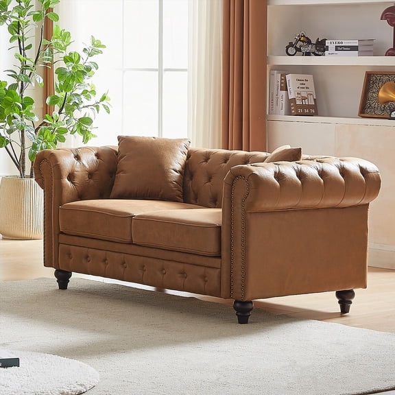 63.5" Contemporary Chesterfield Sofa in Tech Fabric & Button Tufting, 2 Pillows, Wooden Legs