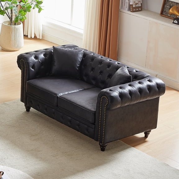 63.5" Contemporary Design chesterfield sofa, Tech Fabric Button Design Living Room Sectional, Button Tufted with Nail Design Arms with 2 Pillows, Upholstered Upholstery and Wooden Legs No.4587