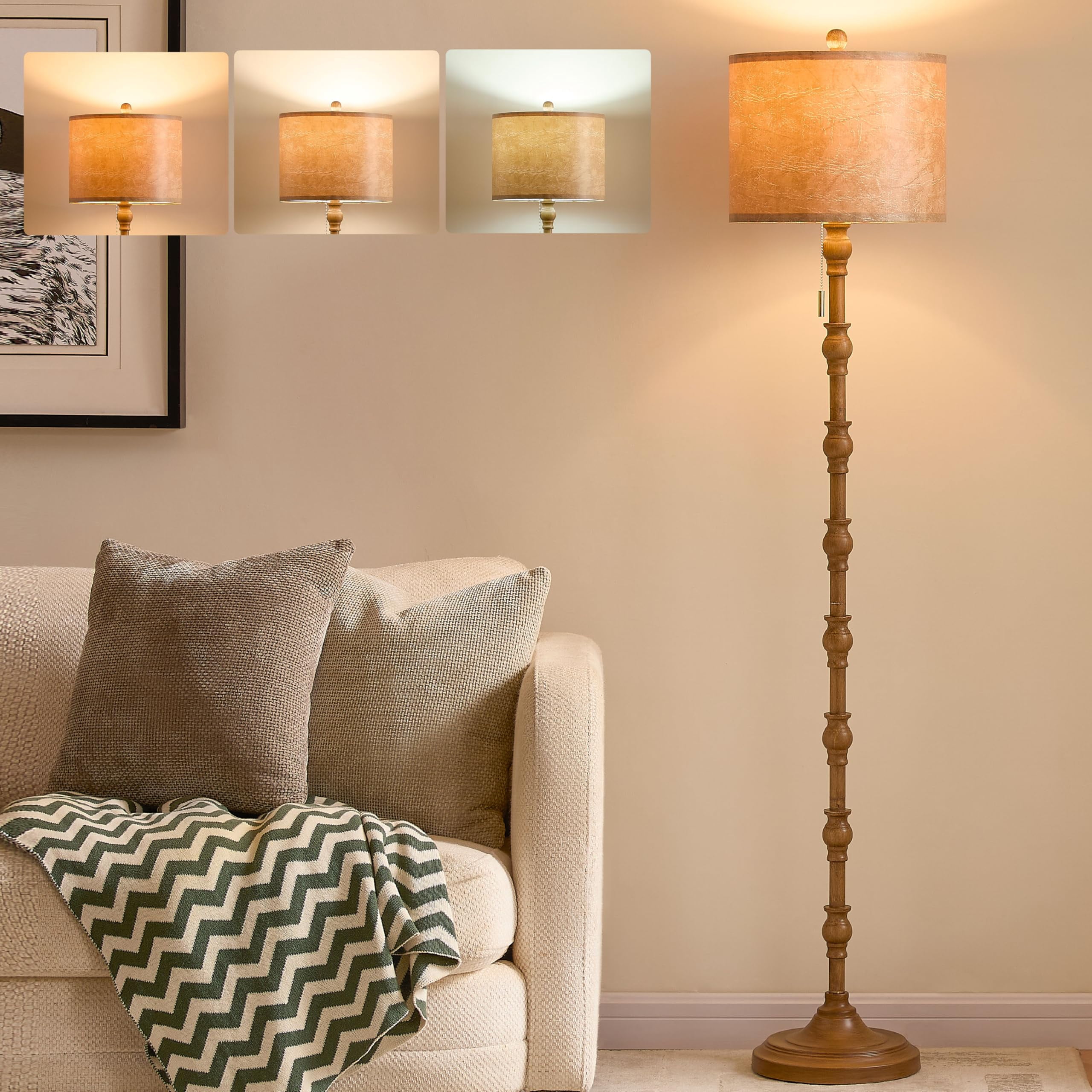 63.5'' Floor Lamps For Living Room  Farmhouse Lamp Bedroom With 3 Color Temperatures Vintage Standing Light Chain Bulb Included Brown