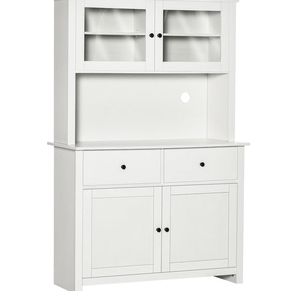 63.5" Kitchen Buffet Cabinet With . Antique White Pantry. 4 Shelves, Drawers, Glass Doors. Stores Dishes, Pots. Open Space For Microwave. Rustic Appearance. Feature. Assembly Required Pantry