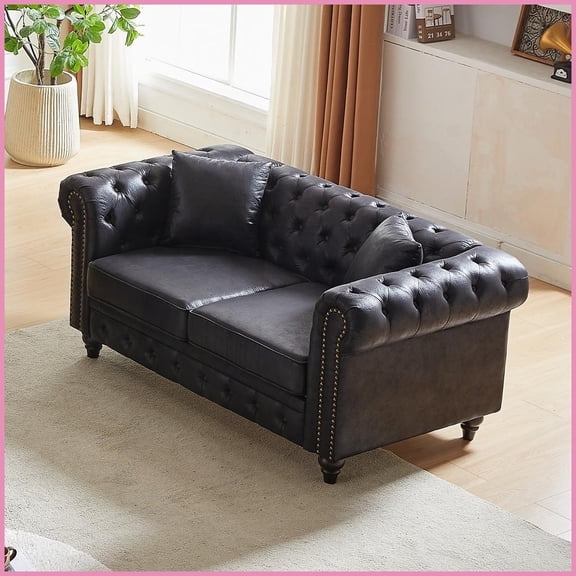 63.5" Modern Chesterfield Tech Fabric Sofa Button Tufted with Nailhead Arms Living Room Couch with 2 Pillows