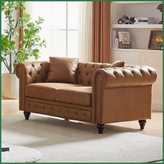 63.5" Modern Chesterfield Tech Fabric Sofa - Living Room Button Tufted Couch with 2 Pillows