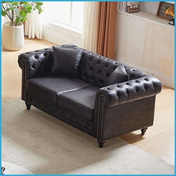 63.5" Modern Chesterfield Tech Fabric Sofa - Living Room Seating with Button Tufting, 2 Pillows & Wooden Legs