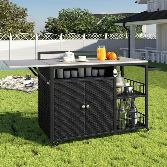 63.5" Outdoor Kitchen Island, Kitchen Storage Island, Cooking Station, Outdoor Grill Cart with Foldable Side Tabletop, Ample Storage Space,