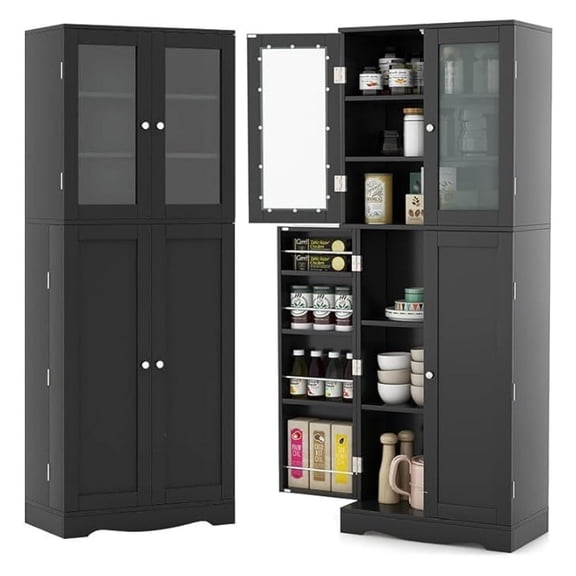 63.5" Tall Kitchen Pantry Storage Cabinet, Freestanding Food Storage Cabinet with Glass Doors, Storage Shelves & Door Racks, Modern Cupboard for Dining Room, Living Room (Black)