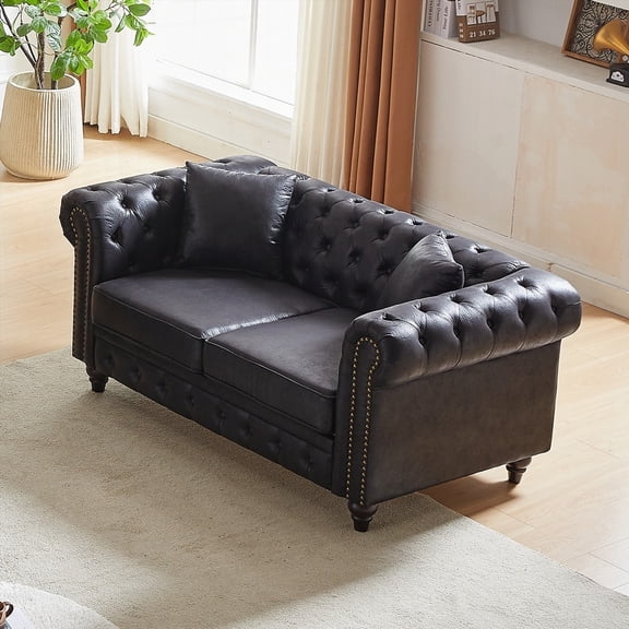 Modern Contemporary Design 63.5" Chesterfield Sofa with Tech Fabric and Wooden Legs