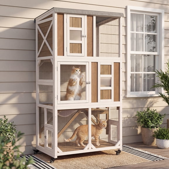 63.5” Wooden Catio Outdoor Cat Enclosure, Large Outdoor Cat House with Wheels & 3 Platforms, Catio with Window Entrance Link to Door or Tunnel with Waterproof Roof (Grey)