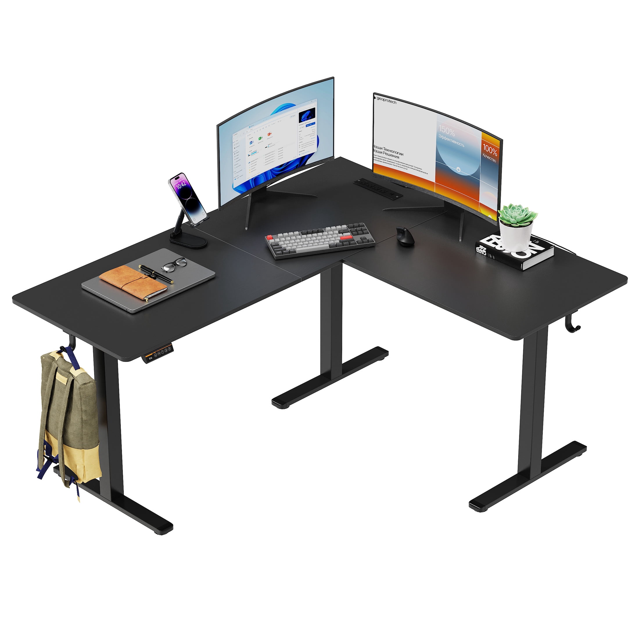 63"×55" Black L-Shaped Electric Height Adjustable Corner Desk, Standing Desk with Power Outlet, 3 Memory Presets & Child Lock for Home Office Gaming