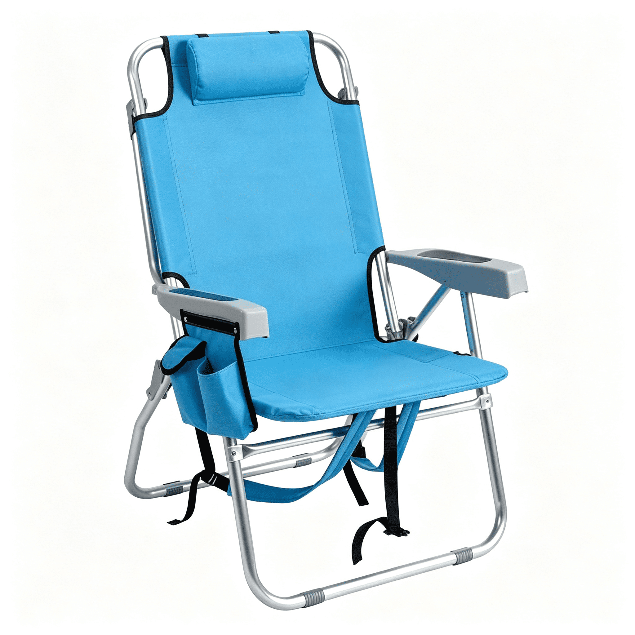 63*70*99cm Heightened Oxford Cloth Silver White Aluminum Tube Bearing 100kg Beach Chair with Cup Holder Storage Pouches Blue