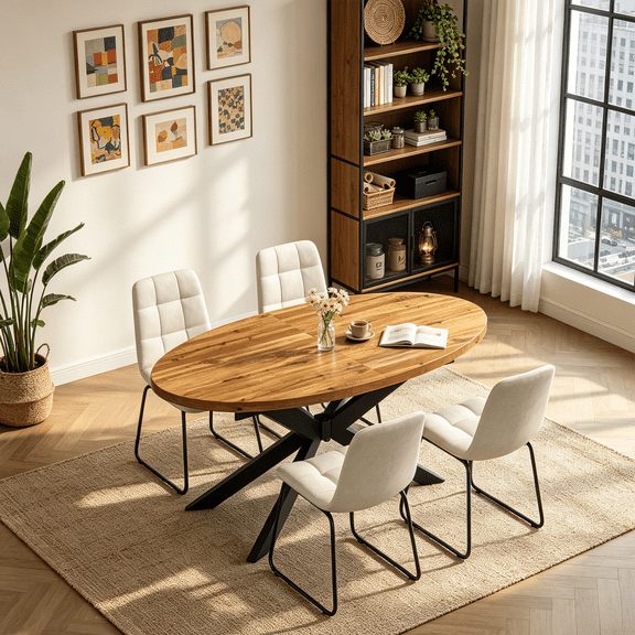 63"-78.7" Extendable Round Dining Table Set for 4, 5 Piece Mid Century Modern Oval Kitchen Table Set, Large Dining Table with 4 Dining Chairs for Living Room Space Saving
