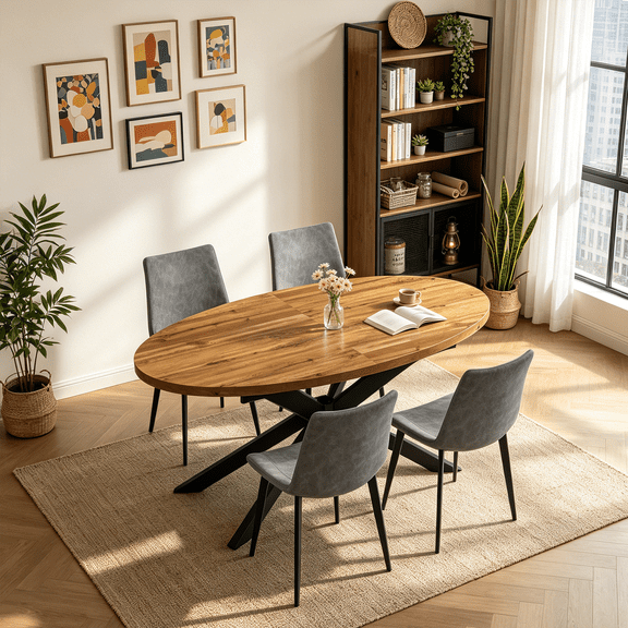 63"-78.7" Extendable Round Dining Table Set for 4, 5 Piece Mid Century Modern Oval Kitchen Table Set, Large Dining Table with 4 Dining Chairs for Living Room Space Saving