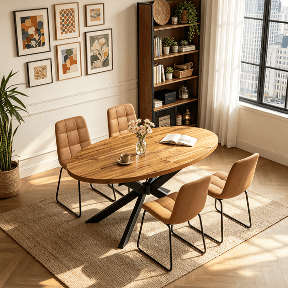 63"-78.7" Extendable Round Dining Table Set for 4, 5 Piece Mid Century Modern Oval Kitchen Table Set, Large Dining Table with 4 Dining Chairs for Living Room Space Saving