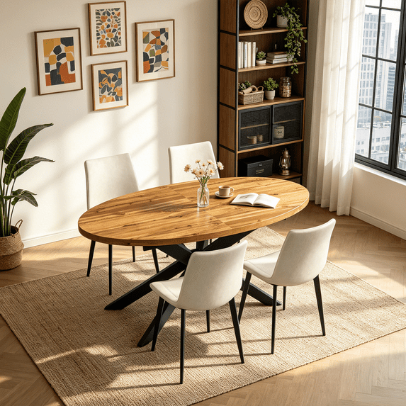 63"-78.7" Extendable Round Dining Table Set for 4, 5 Piece Mid Century Modern Oval Kitchen Table Set, Large Dining Table with 4 Dining Chairs for Living Room Space Saving