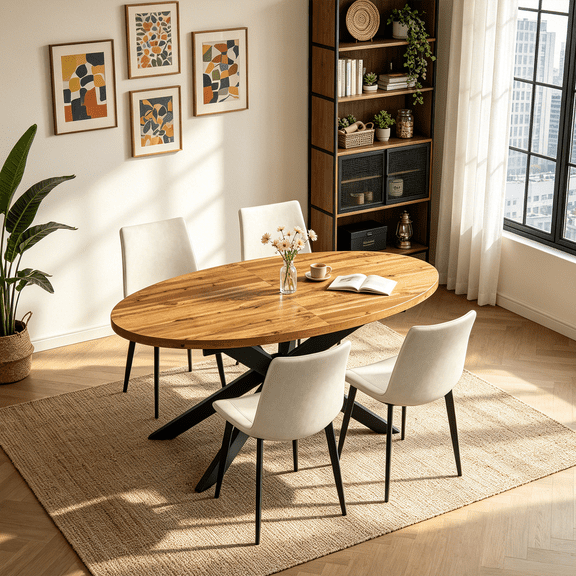 63"-78.7" Extendable Round Dining Table Set for 4, 5 Piece Mid Century Modern Oval Kitchen Table Set, Large Dining Table with 4 Dining Chairs for Living Room Space Saving
