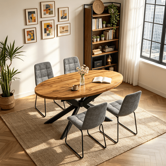 63"-78.7" Extendable Round Dining Table Set for 4, 5 Piece Mid Century Modern Oval Kitchen Table Set, Large Dining Table with 4 Dining Chairs for Living Room Space Saving