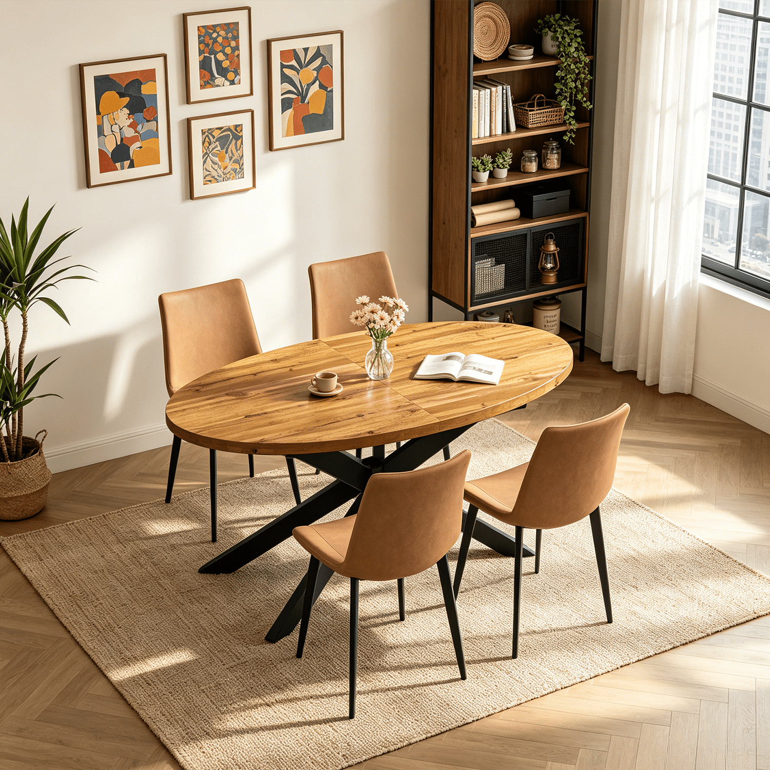 63"-78.7" Extendable Round Dining Table Set for 4, 5 Piece Mid Century Modern Oval Kitchen Table Set, Large Dining Table with 4 Dining Chairs for Living Room Space Saving