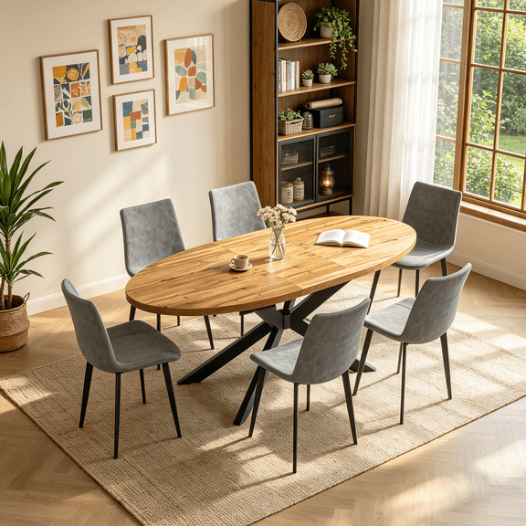 63"-78.7" Extendable Round Dining Table Set for 6, 7 Piece Mid Century Modern Oval Kitchen Table Set, Large Dining Table with 6 Dining Chairs for Living Room Space Saving