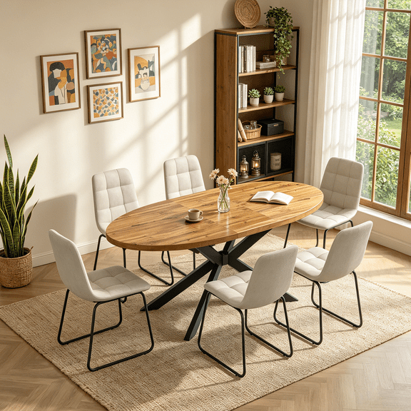 63"-78.7" Extendable Round Dining Table Set for 6, 7 Piece Mid Century Modern Oval Kitchen Table Set, Large Dining Table with 6 Dining Chairs for Living Room Space Saving